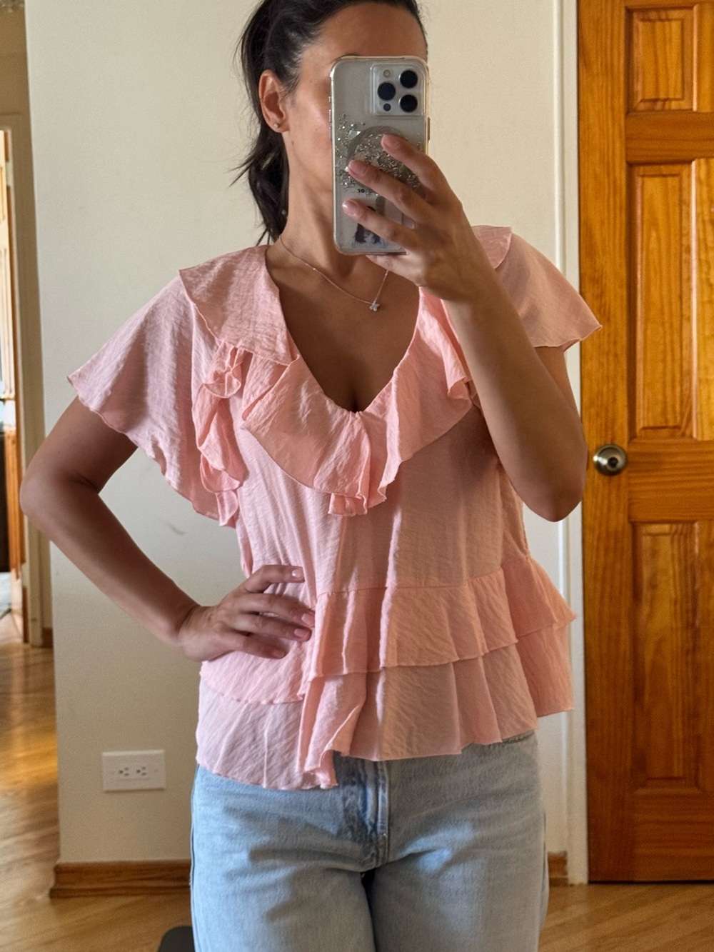 Zara Light Pink Ruffle V-Neck Blouse